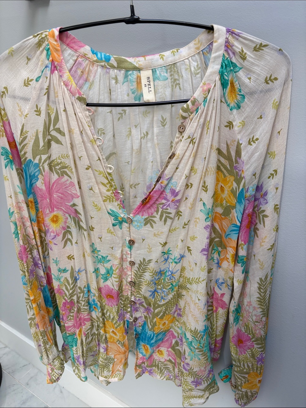 Spell Floral Button-Front V-Neck Blouse in Cream with Pink, Teal & Yellow